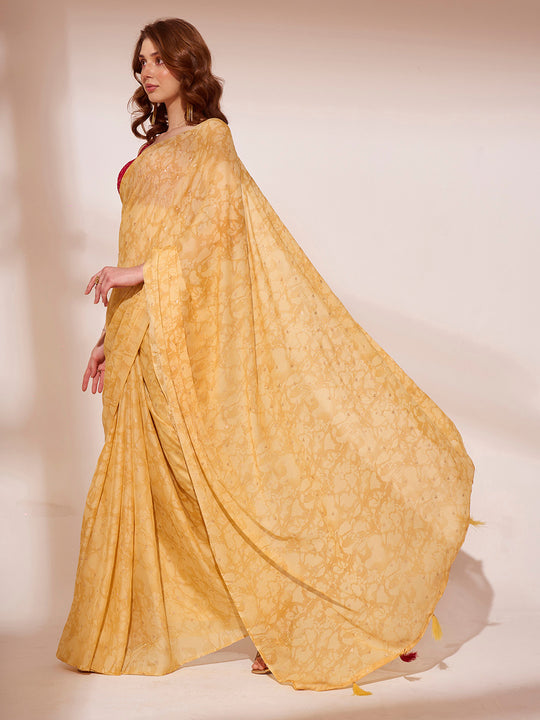 Yellow Printed Georgette Saree With Blouse Piece