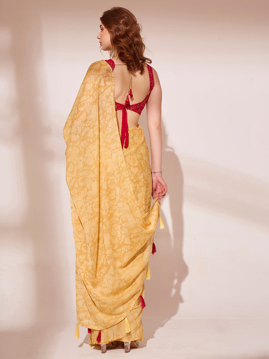 Yellow Printed Georgette Saree With Blouse Piece
