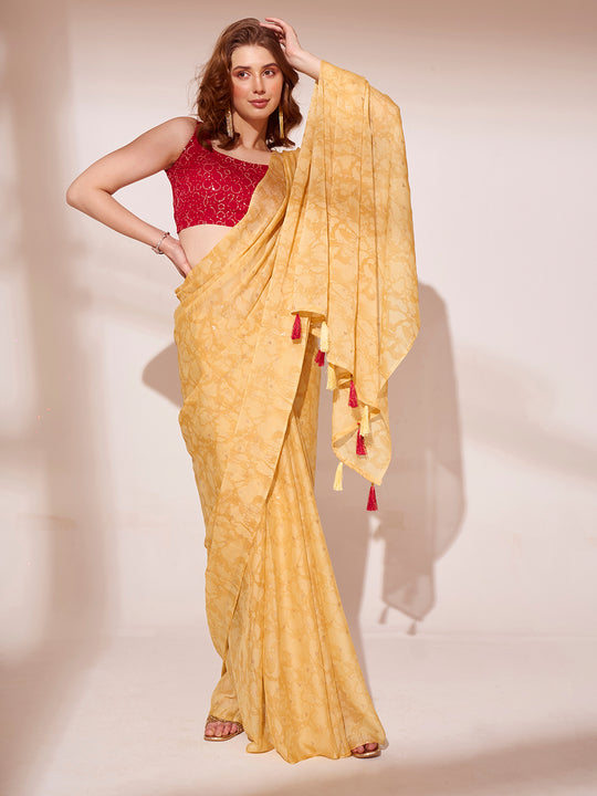Yellow Printed Georgette Saree With Blouse Piece