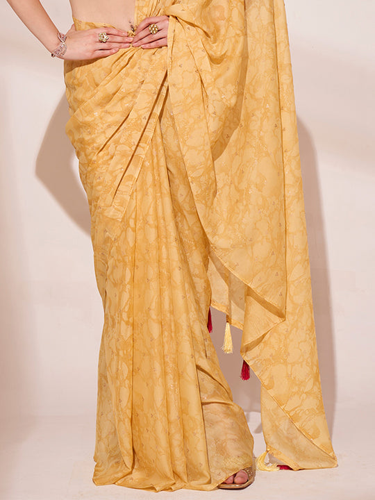 Yellow Printed Georgette Saree With Blouse Piece