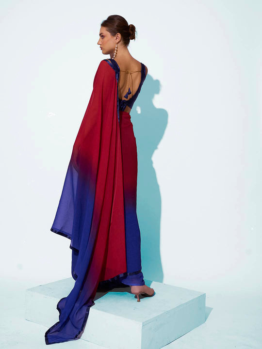 Navy Blue & Rust Satin Party Wear Saree With Blouse Piece