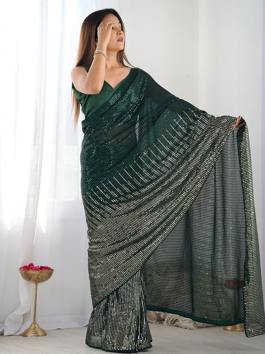Green Georgette Embellished Sequined Saree Saree With Blouse Piece