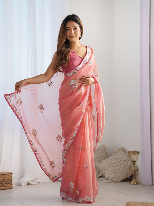 Peach Soft Net Embellished Designer Saree Saree With Blouse Piece