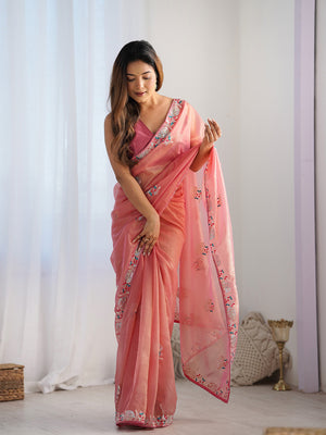 Peach Soft Net Embellished Designer Saree Saree With Blouse Piece
