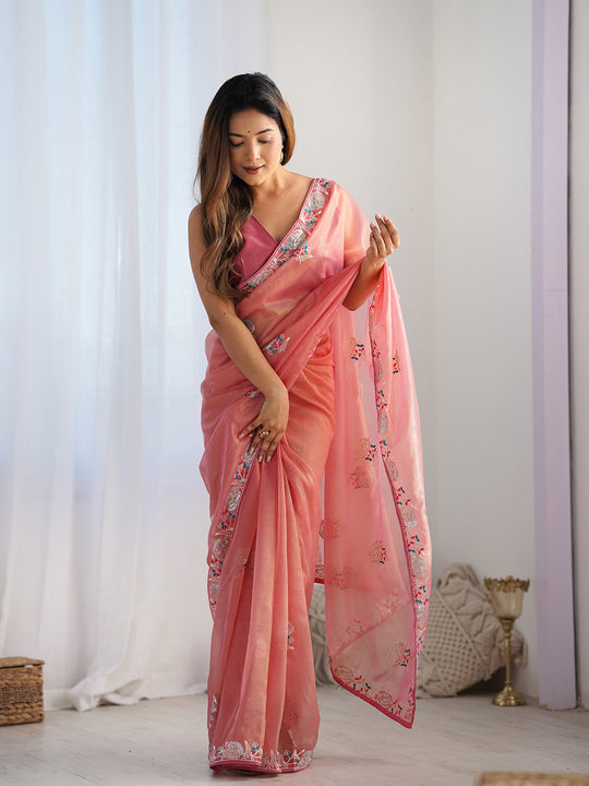 Peach Soft Net Embellished Designer Saree Saree With Blouse Piece