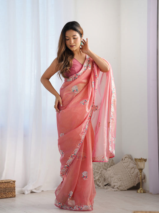 Peach Soft Net Embellished Designer Saree Saree With Blouse Piece
