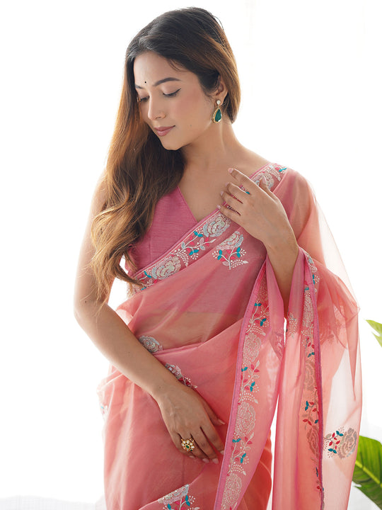 Peach Soft Net Embellished Designer Saree Saree With Blouse Piece
