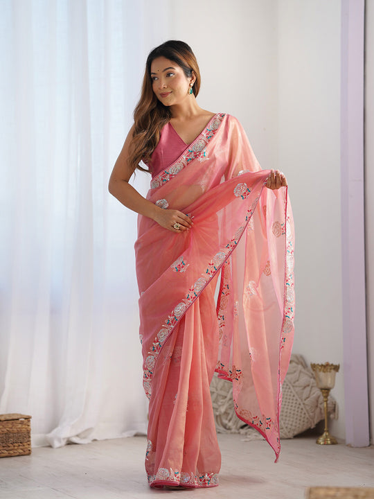 Peach Soft Net Embellished Designer Saree Saree With Blouse Piece
