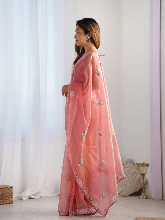 Peach Soft Net Embellished Designer Saree Saree With Blouse Piece