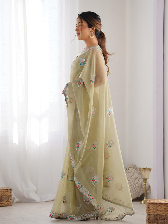 Lime Green Soft Net Embellished Designer Saree Saree With Blouse Piece