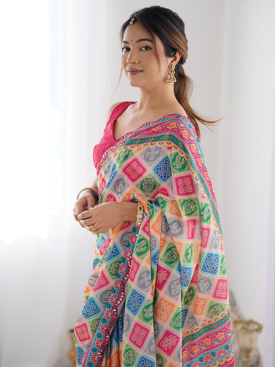 Multicolor Chinon Printed Designer Saree Saree With Blouse Piece