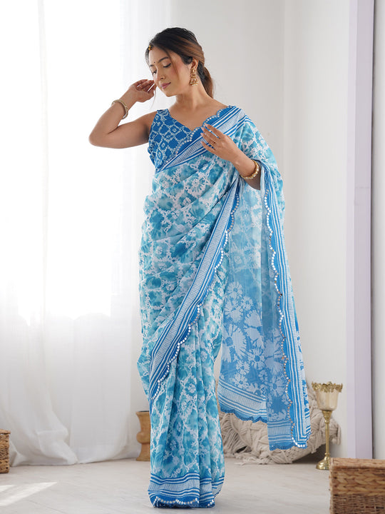 Blue Chinon Printed Designer Saree Saree With Blouse Piece