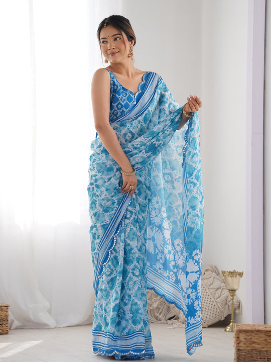 Blue Chinon Printed Designer Saree Saree With Blouse Piece