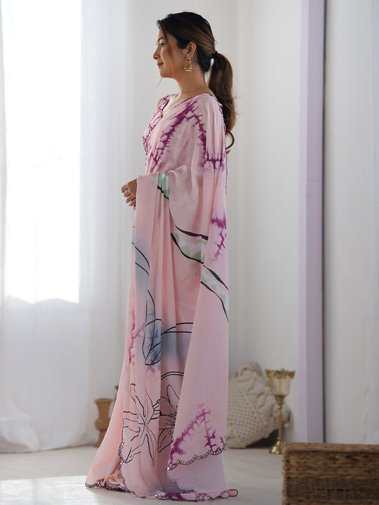 Multicolor Chinon Printed Designer Saree Saree With Blouse Piece