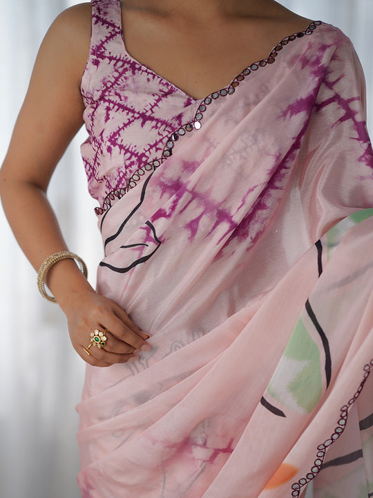 Multicolor Chinon Printed Designer Saree Saree With Blouse Piece