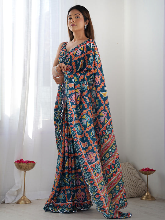 Multicolor Chinon Printed Designer Saree Saree With Blouse Piece