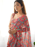 Red Chinon Printed Designer Saree Saree With Blouse Piece