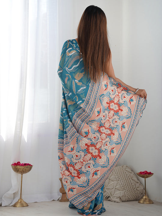 Multicolor Chinon Printed Designer Saree Saree With Blouse Piece