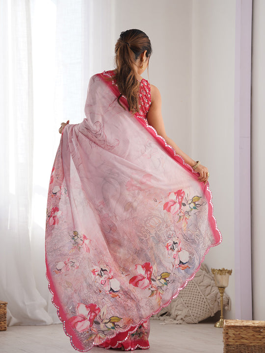 Multicolor Chinon Printed Designer Saree Saree With Blouse Piece