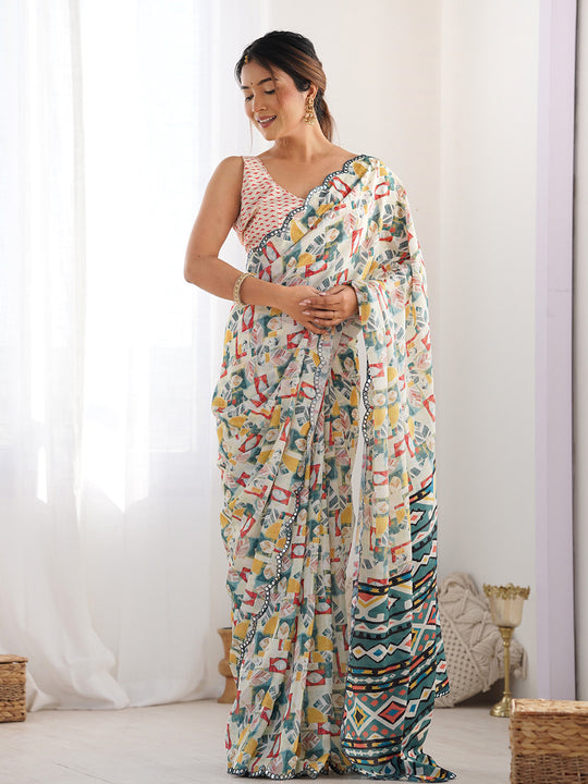 Multicolor Chinon Printed Designer Saree Saree With Blouse Piece
