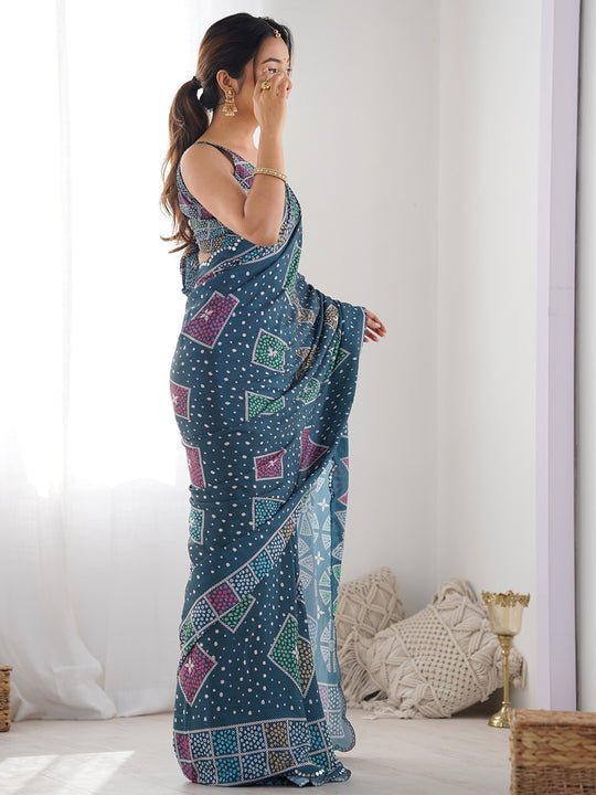 Multicolor Chinon Printed Designer Saree Saree With Blouse Piece
