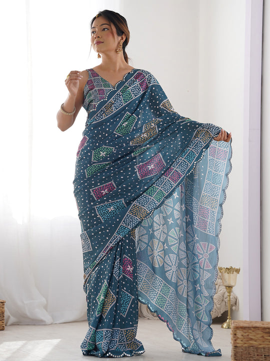 Multicolor Chinon Printed Designer Saree Saree With Blouse Piece