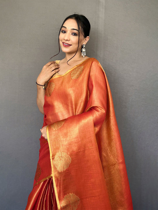 Orange Silk Festive Wear Saree With Blouse Piece