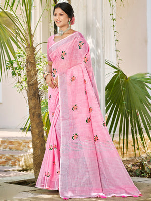 Light Pink Linen Sarees With Blouse Piece