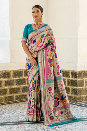 Teal Paithani Silk Saree With Blouse Piece