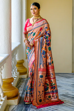 Rani Pink Paithani Silk Saree With Blouse Piece
