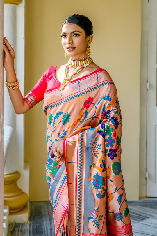 Rani Pink Paithani Silk Saree With Blouse Piece
