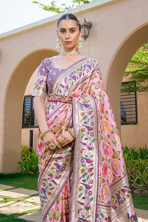 Baby Pink Paithani Silk Saree With Blouse Piece