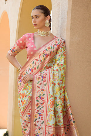 Sea Green Paithani Silk Saree With Blouse Piece