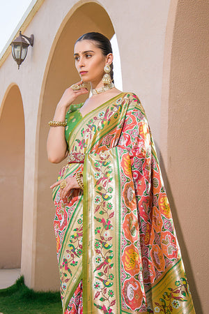 Peach Paithani Silk Saree With Blouse Piece