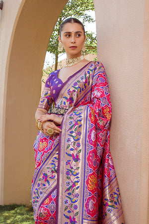 Pink Paithani Silk Saree With Blouse Piece