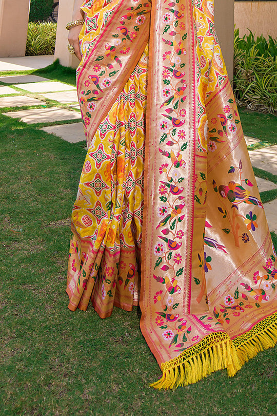 Yellow Paithani Silk Saree With Blouse Piece