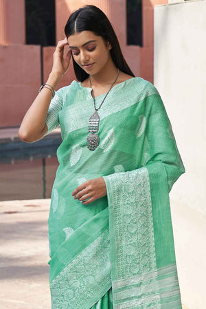 Womens Linen Green Saree With Blouse Piece