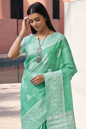 Womens Linen Blend Green Saree With Blouse Piece