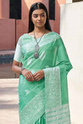 Womens Linen Green Saree With Blouse Piece