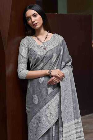 Metal Grey Linen Blend Saree