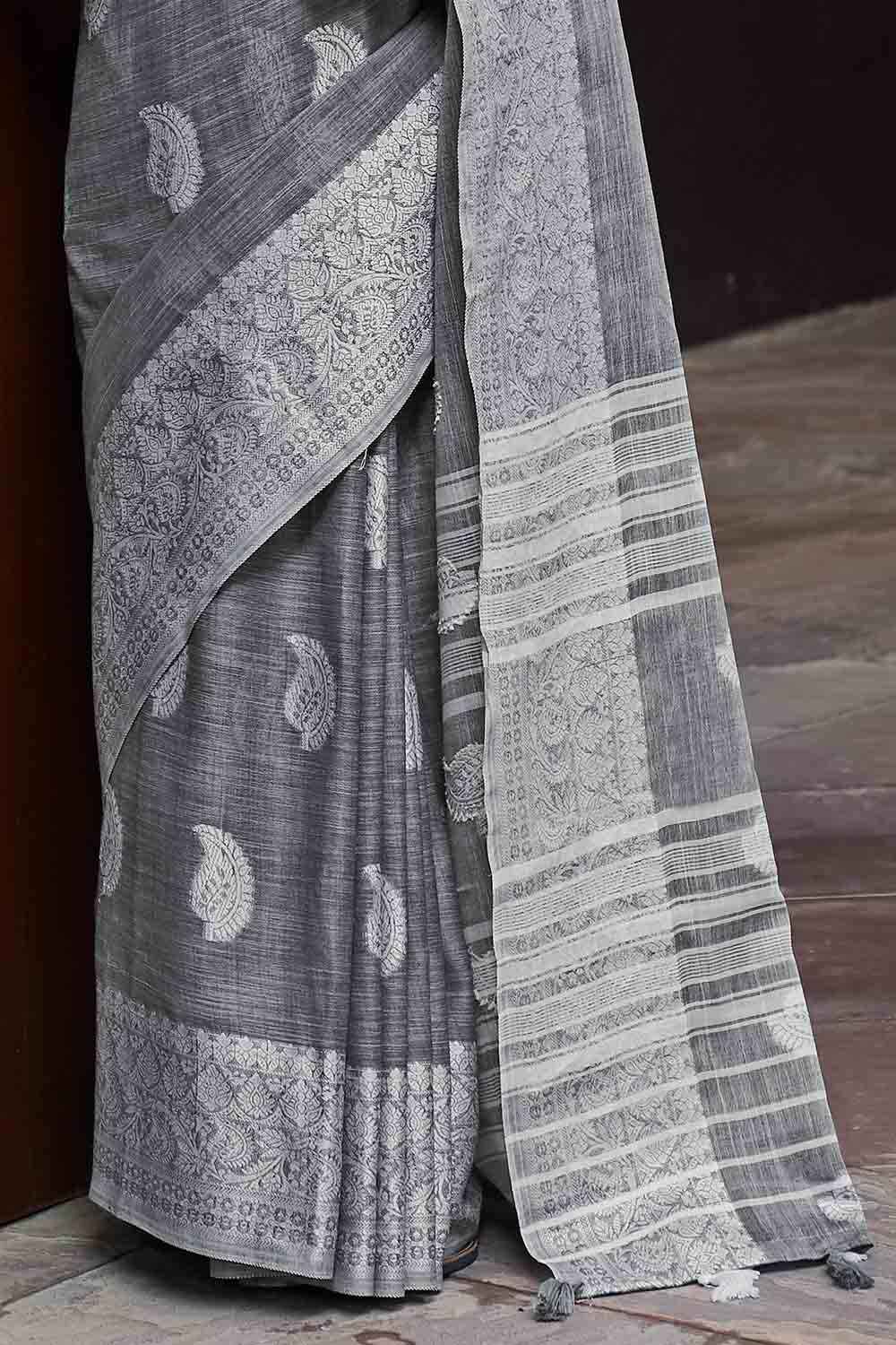 Metal Grey Linen Saree