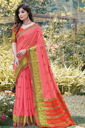 Womens Cotton Pink Saree With Blouse Piece