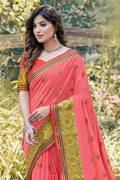 Womens Cotton Pink Saree With Blouse Piece