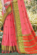 Womens Cotton Pink Saree With Blouse Piece