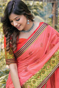 Womens Cotton Pink Saree With Blouse Piece
