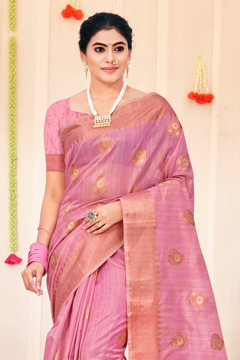 Womens Organza Silk Pink Saree With Blouse Piece