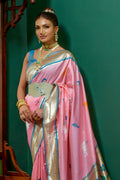 Baby Pink Paithani Silk Saree With Blouse Piece