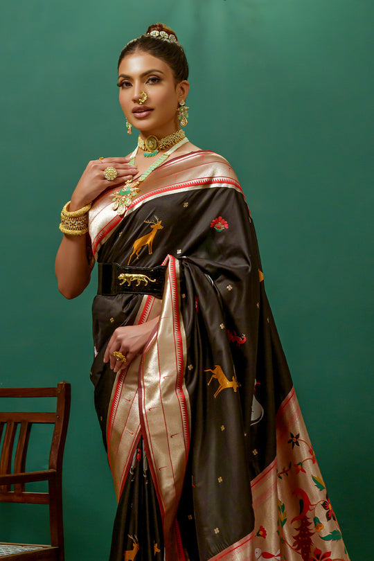 Black Paithani Silk Saree With Blouse Piece