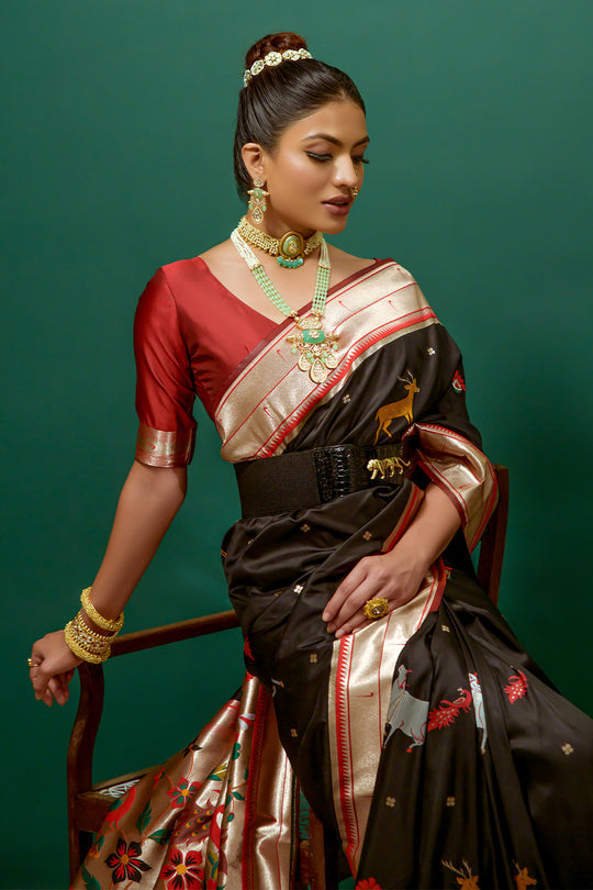 Black Paithani Silk Saree With Blouse Piece