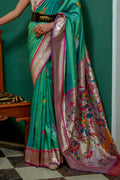 Sea Green Paithani Silk Saree With Blouse Piece